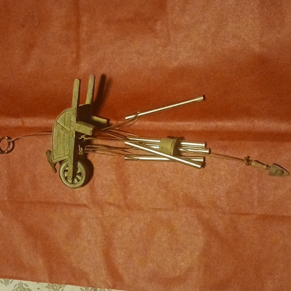 Mini wheelbarrow wind chime w hanging spade